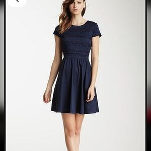 Cynthia Steffe Navy Blue Lace Stripe Dress fit flare cotton Short Sleeve Sz 2